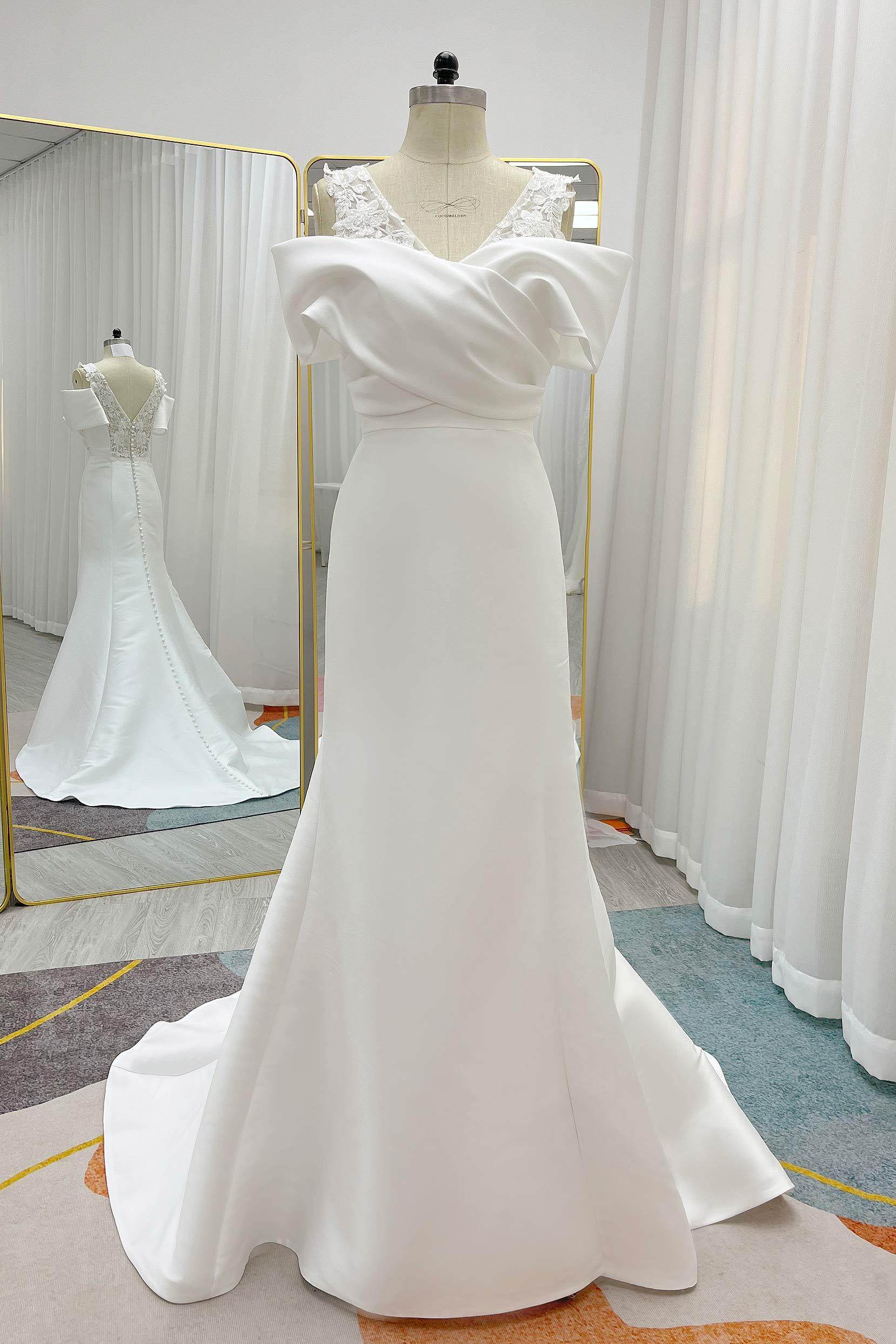 Sheath-Column Court Train Mikado Lace Wedding Dress CW3233 - COCOMELODY